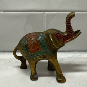 Vintage Elephant Statue Brass Figurine Decorative Painted Trunk Up